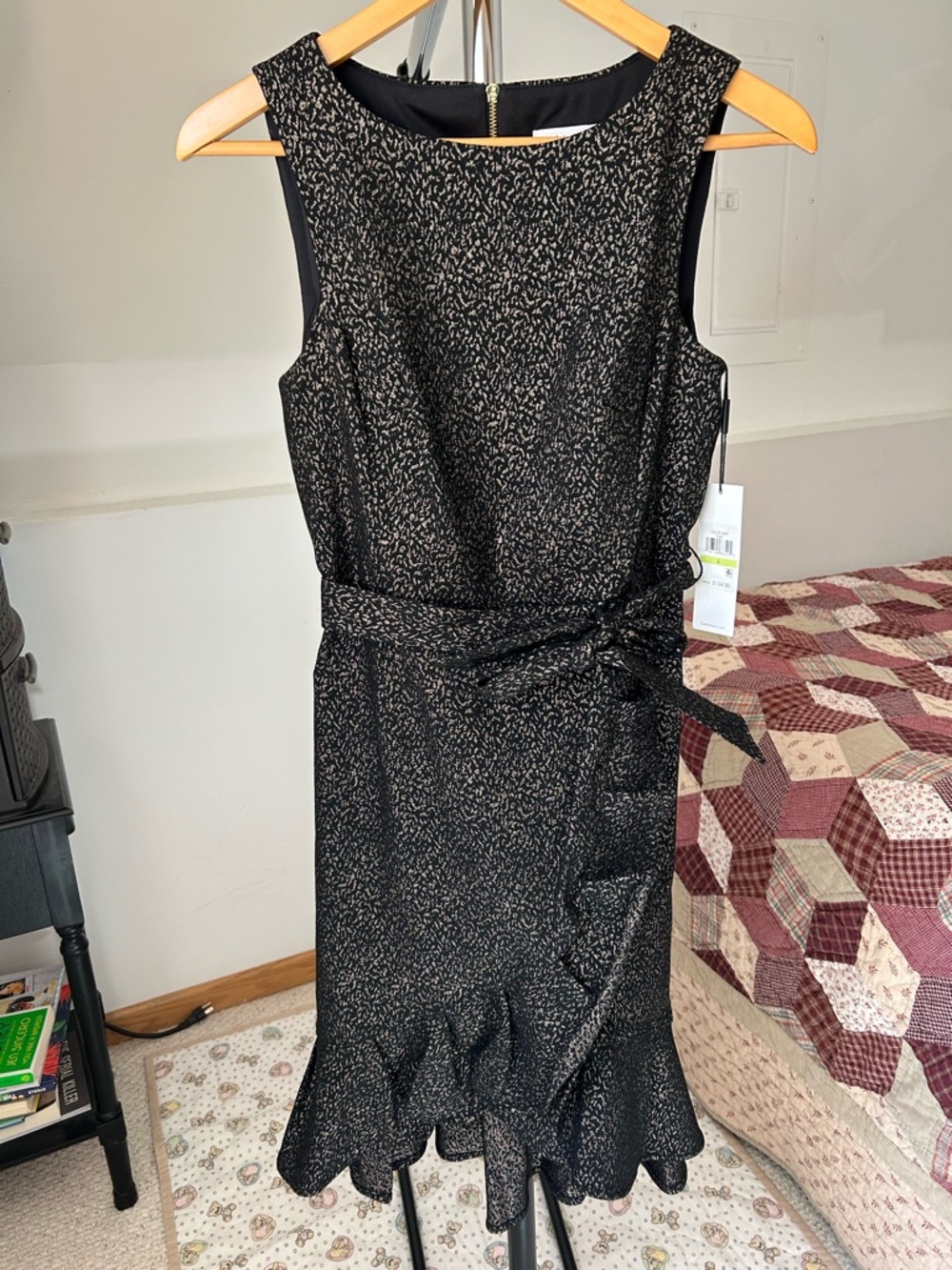 Calvin Klein Ruffle Jacquard Black Glitter Scuba Midi Dress NWT 4